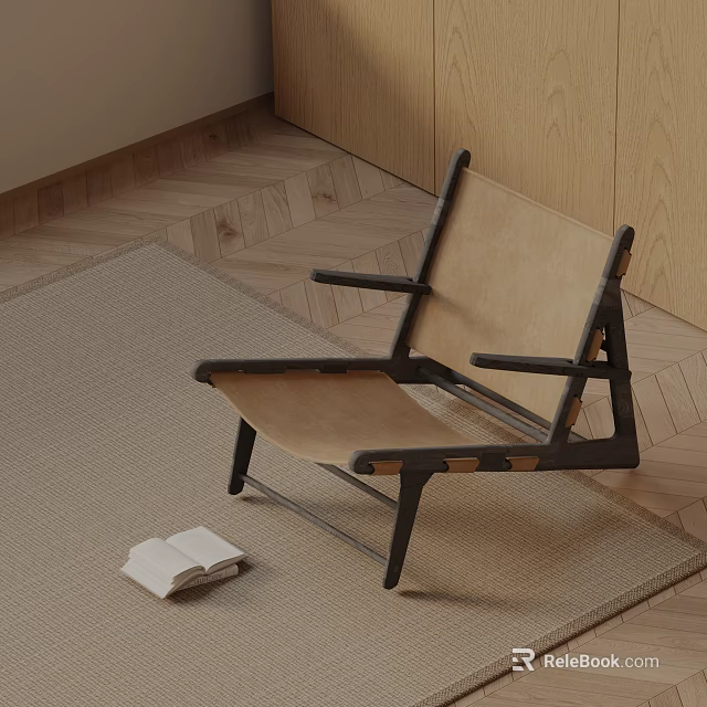 Modern Dining Chair With Light Fabric Seat Dark Wooden Frame On Rug And Herringbone Floor 3d model 