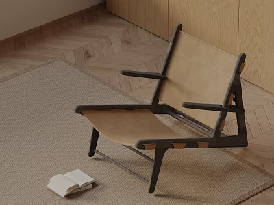 Modern Dining Chair With Light Fabric Seat Dark Wooden Frame On Rug And Herringbone Floor 3d model