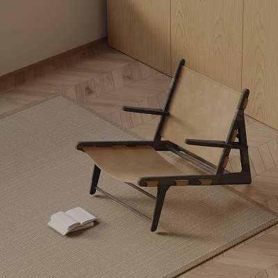 Modern Dining Chair With Light Fabric Seat Dark Wooden Frame On Rug And Herringbone Floor 3d model