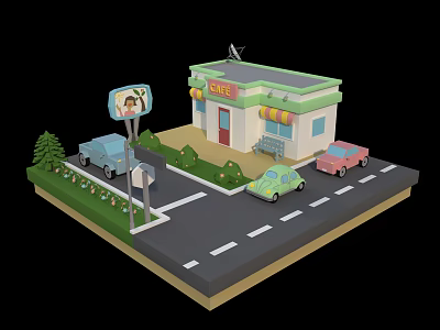 Cartoon Scene Featuring Small Store Signboard Colorful Cars Road And Greenery 3d model