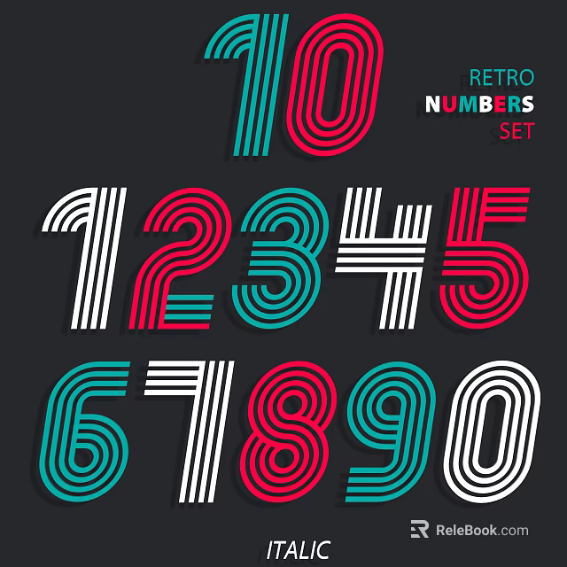 Retro Numbers Silhouette Design With Vintage Style Vibrant Colors And Digits Set 3d model 