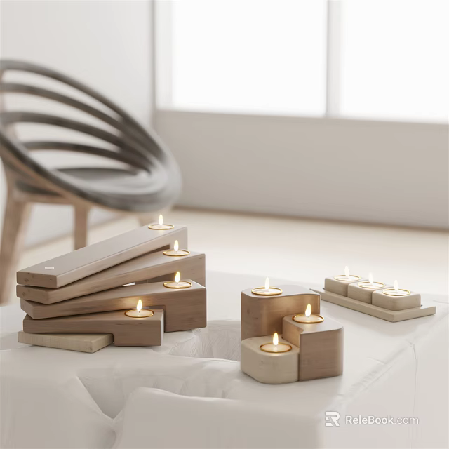 Modern Wooden Candle Holders With Lit Candles And Stacked Design In Minimalist Room 3d model 