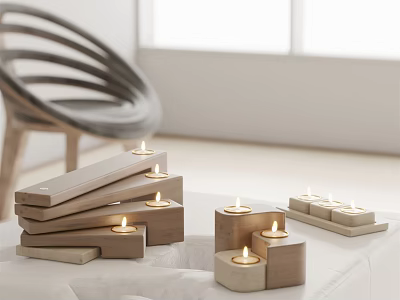 Modern Wooden Candle Holders With Lit Candles And Stacked Design In Minimalist Room 3d model