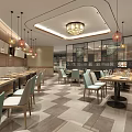 Modern Restaurant Interior With Pendant Lights Dining Tables Chairs And Patterned Tiled Floor 3d model