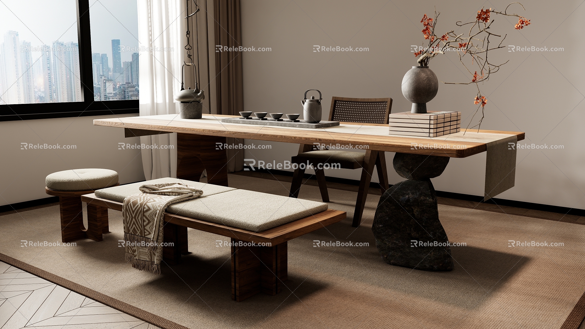 New Chinese Zen Tea Table and Chair Combination 3d model