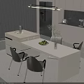 Modern Kitchen Interior With Spacious Island Countertop Fruits Vase And Dining Chairs