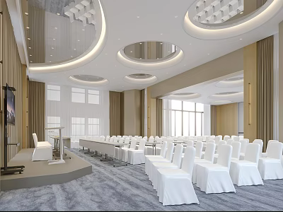 Modern Large Conference Room With White Chairs Round Chandeliers Stage And Floor to Ceiling Windows 3d model