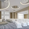 Modern Large Conference Room With White Chairs Round Chandeliers Stage And Floor to Ceiling Windows