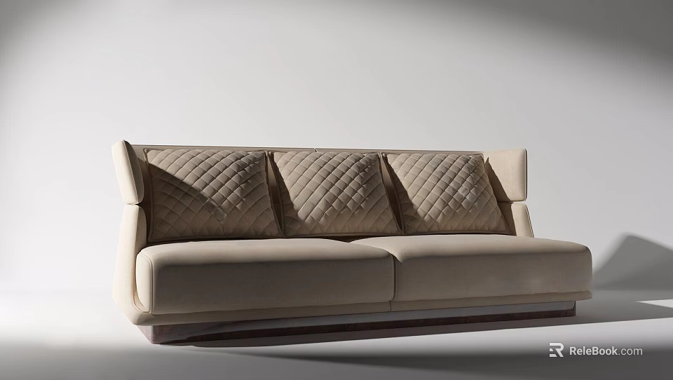 Light Colored Two Seater Sofa With Quilted Diamond Pattern Cushions And Dark Wooden Base 3d model