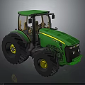 Green Farm Tractor With Enclosed Cab Large Black Tires And Yellow Rimmed Wheels