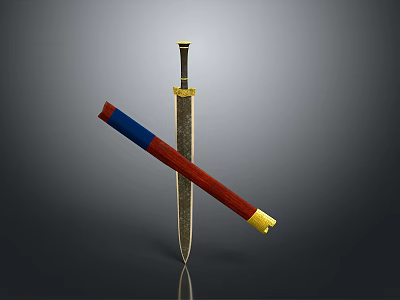 Traditional Sword With Metal Blade Golden Decoration Red Blue Scabbard And Golden Tip 3d model