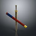 Traditional Sword With Metal Blade Golden Decoration Red Blue Scabbard And Golden Tip