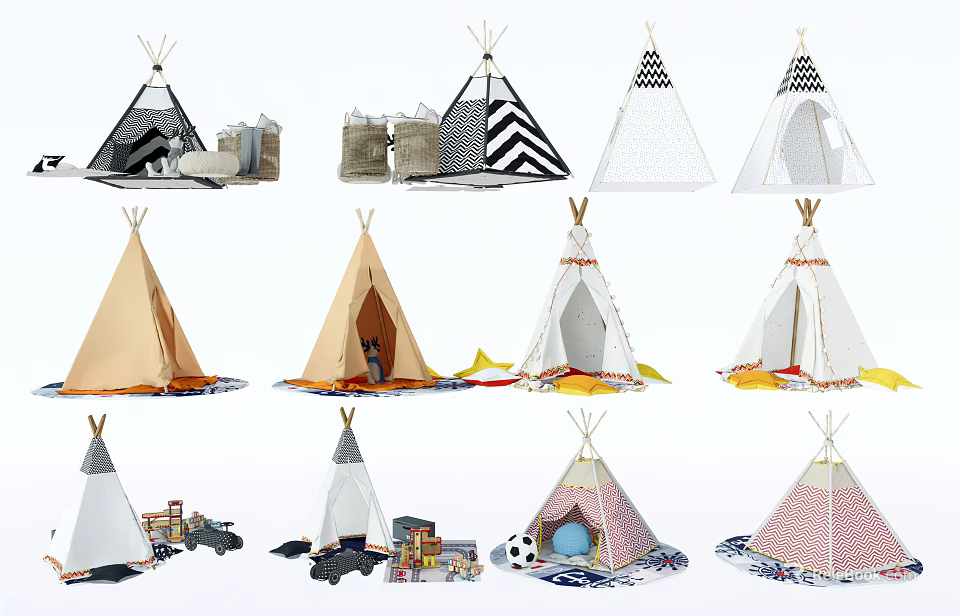Various Colorful Teepee Tents With Assorted Patterns And Decorative Details 3d model 