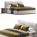Double Bed with Upholstered Headboard Brown Cushions Gray Throw and Wooden Side Stool