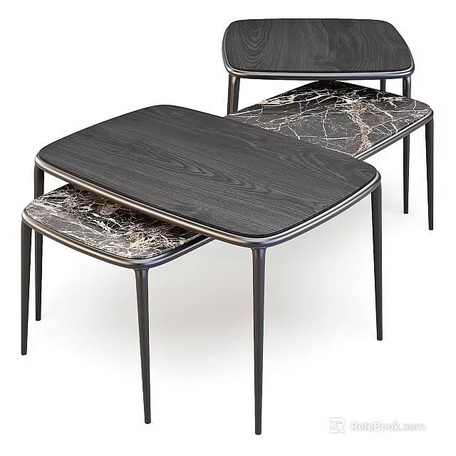 Modern Coffee Table With Black Wooden Top And Marble Pattern Shelf Metal Legs 3d model 