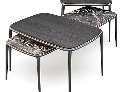 Modern Coffee Table With Black Wooden Top And Marble Pattern Shelf Metal Legs 3d model