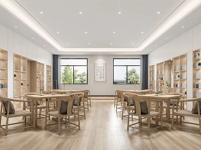 Modern Spacious Office Interior With Wooden Tables Chairs Built in Bookshelves And Natural Light 3d model