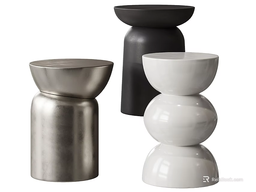 Modern Side Tables In Silver Black White With Unique Ceramic Metallic Shapes For Living Room 3d model 