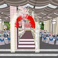 Elegant Banquet Hall With Hanging Flower Decor Round Tables And Chandelier Lighting