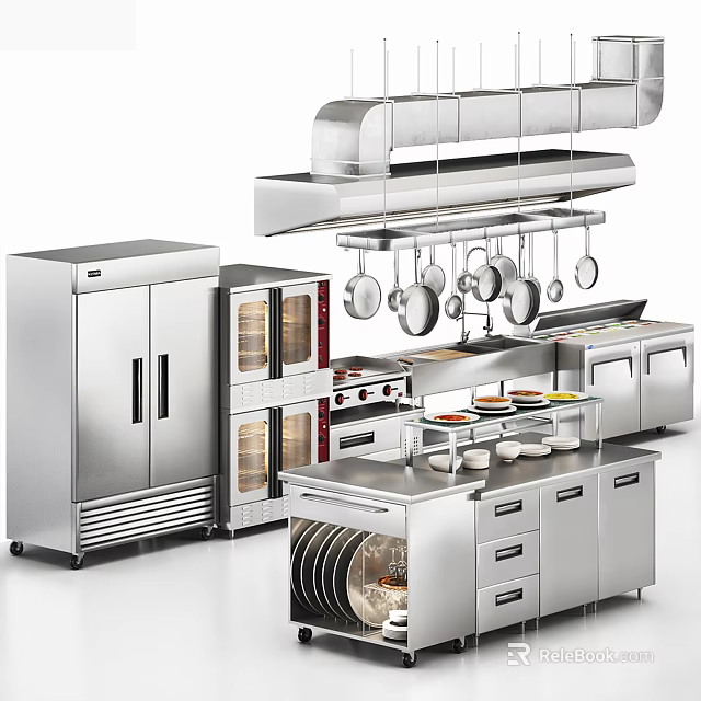 Stainless Steel Kitchen Cabinets With Refrigerator Oven Hanging Pans And Island 3d model 
