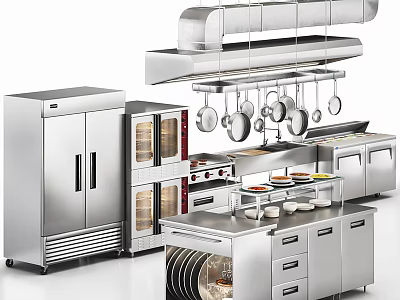 Stainless Steel Kitchen Cabinets With Refrigerator Oven Hanging Pans And Island 3d model