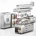 Stainless Steel Kitchen Cabinets With Refrigerator Oven Hanging Pans And Island