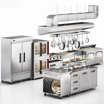 Stainless Steel Kitchen Cabinets With Refrigerator Oven Hanging Pans And Island 3d model