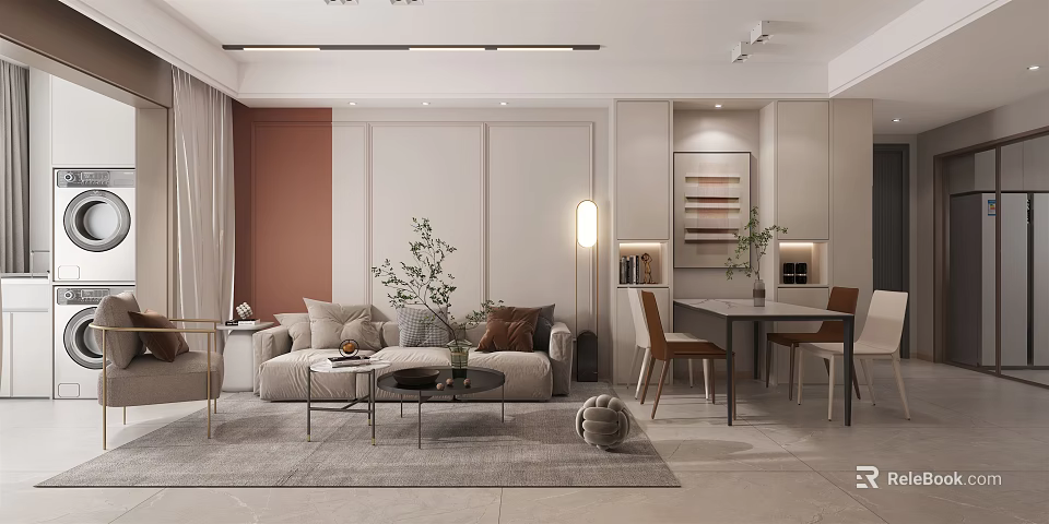 Modern Open Living Dining Area With Cozy Sofa Dining Table And Neutral Tones 3d model