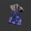 Dark Blue Japanese Drawstring Pouch With Pink Cherry Blossom Pattern Silver Top And Flower Knot