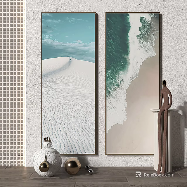 Modern Interior Decor With Vertical Desert Sky And Ocean Wave Paintings 3d model