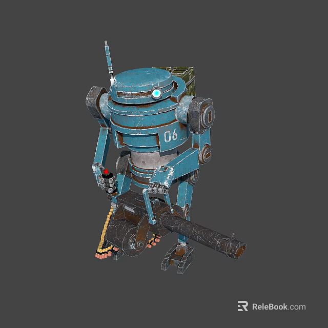 Blue Robot Character With Mechanical Arms Antenna And Weapon Number 06 3d model 