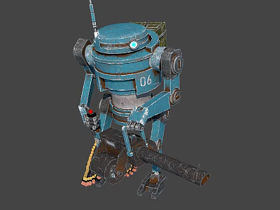 Blue Robot Character With Mechanical Arms Antenna And Weapon Number 06 3d model