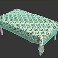 Dining Table With White Background Tablecloth Featuring Brown Floral Pattern And Decorative Border White Legs 3d model