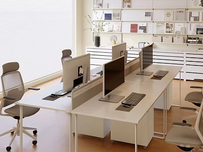 Modern Office Interior Design With Work Desks Computers Office Chairs Window Blinds And Storage Cabinets 3d model