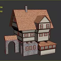 Cartoon Style Two Story House With Red Tiled Roof Arched Doorway And Stone Walls