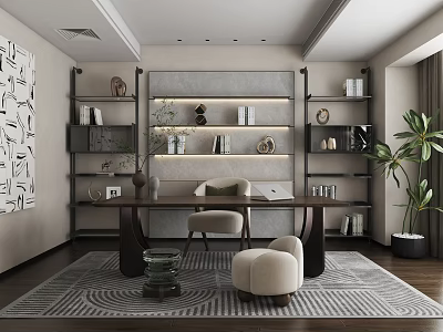 Modern Study Room Interior Design With Wooden Desk Chair Potted Plant Wall Decor And Bookshelves 3d model