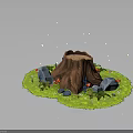 Natural Scene with Tree Stump Green Grass Red Mushrooms Rocks Small Flowers and Glowing Spots