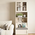Modern Sideboard Design With Open Shelves Dishes Cups Bottles Clock And Green Plant