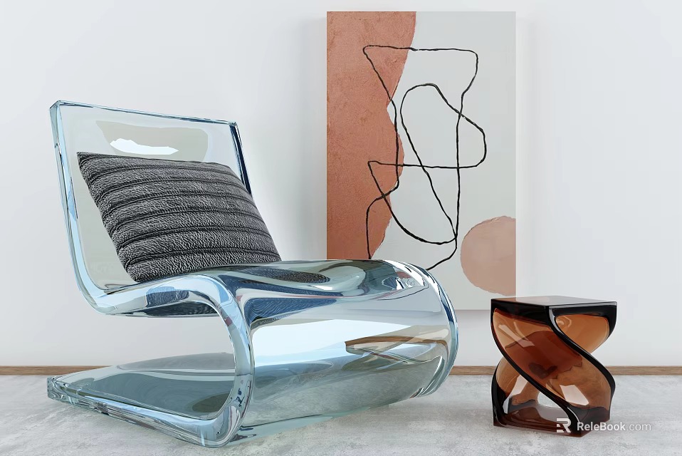 Transparent Acrylic Lounge Chair with Gray Striped Cushion Abstract Painting and Brown Side Table 3d model 