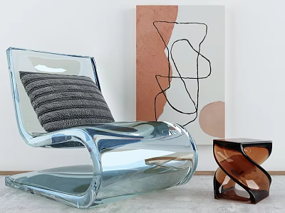 Transparent Acrylic Lounge Chair with Gray Striped Cushion Abstract Painting and Brown Side Table 3d model