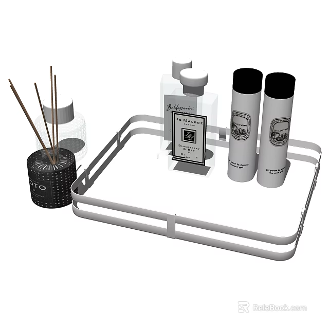 Stylish Bathroom Accessories Set With White Tray Reed Diffuser And Bottles 3d model 