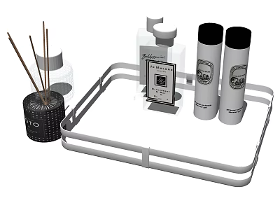 Stylish Bathroom Accessories Set With White Tray Reed Diffuser And Bottles 3d model