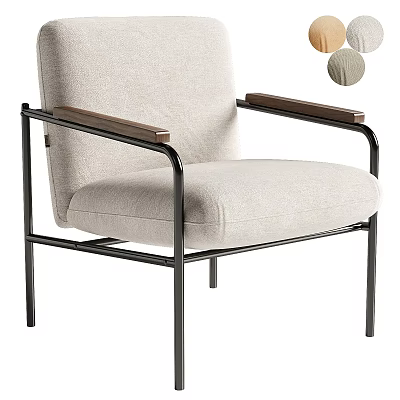 Light Gray Upholstered Armchair With Wooden Armrests And Black Metal Frame Structure 3d model