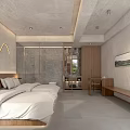 Hotel Guest Room with Twin Beds Wooden Headboard Curved Light Large Window and Glass Wardrobe