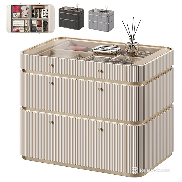 Beige Striped Jewelry Cabinet with Transparent Top Cover and Multiple Drawers for Jewelry Storage 3d model 