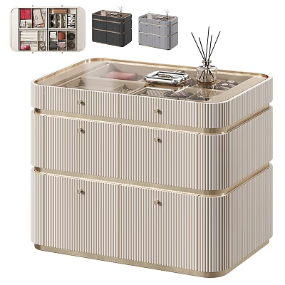 Beige Striped Jewelry Cabinet with Transparent Top Cover and Multiple Drawers for Jewelry Storage 3d model