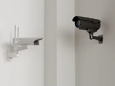 Two Surveillance Cameras White And Black Mounted On White Wall For Security 3d model