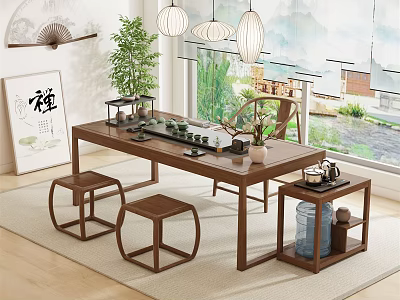 Chinese Zen Tea Table and Chairs with Tea Set Hanging Lamps and Mountain View Window 3d model