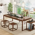 Chinese Zen Tea Table and Chairs with Tea Set Hanging Lamps and Mountain View Window