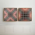Two Abstract Paintings With Grid Pattern And Red Gradient In Square Frames On White Wall 3d model